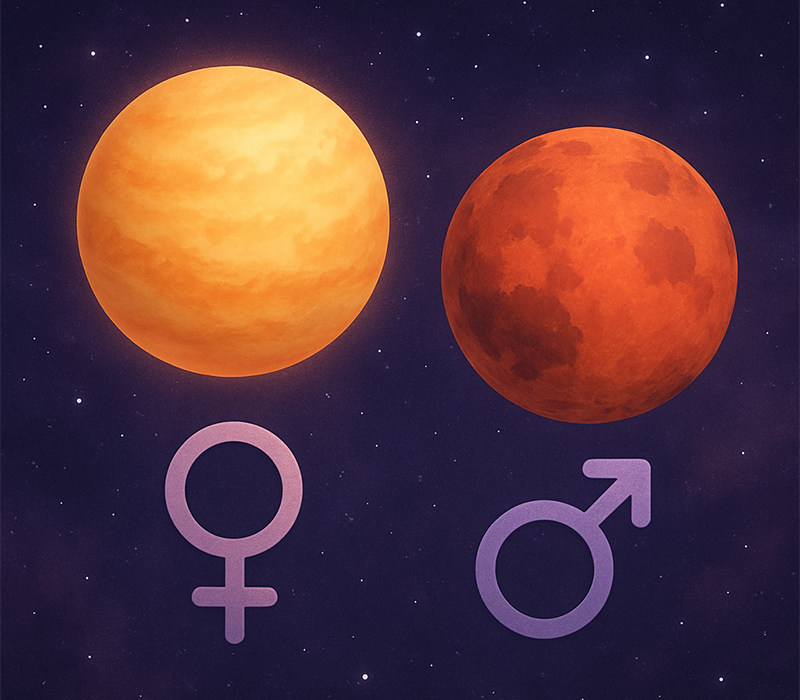 Symbols of Venus and Mars intertwined on a birth chart