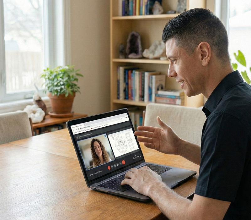 Alejandro Herryman en sesión de coaching astrológico analizando una carta natal digital